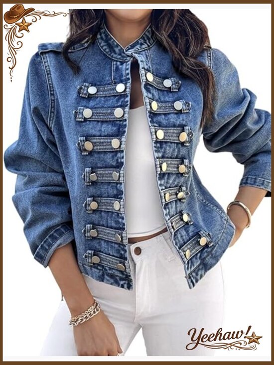 Jackets & Blazers - Denim Jacket for Women Button Up Stand Collar Long Sleeve Lightweight Casual